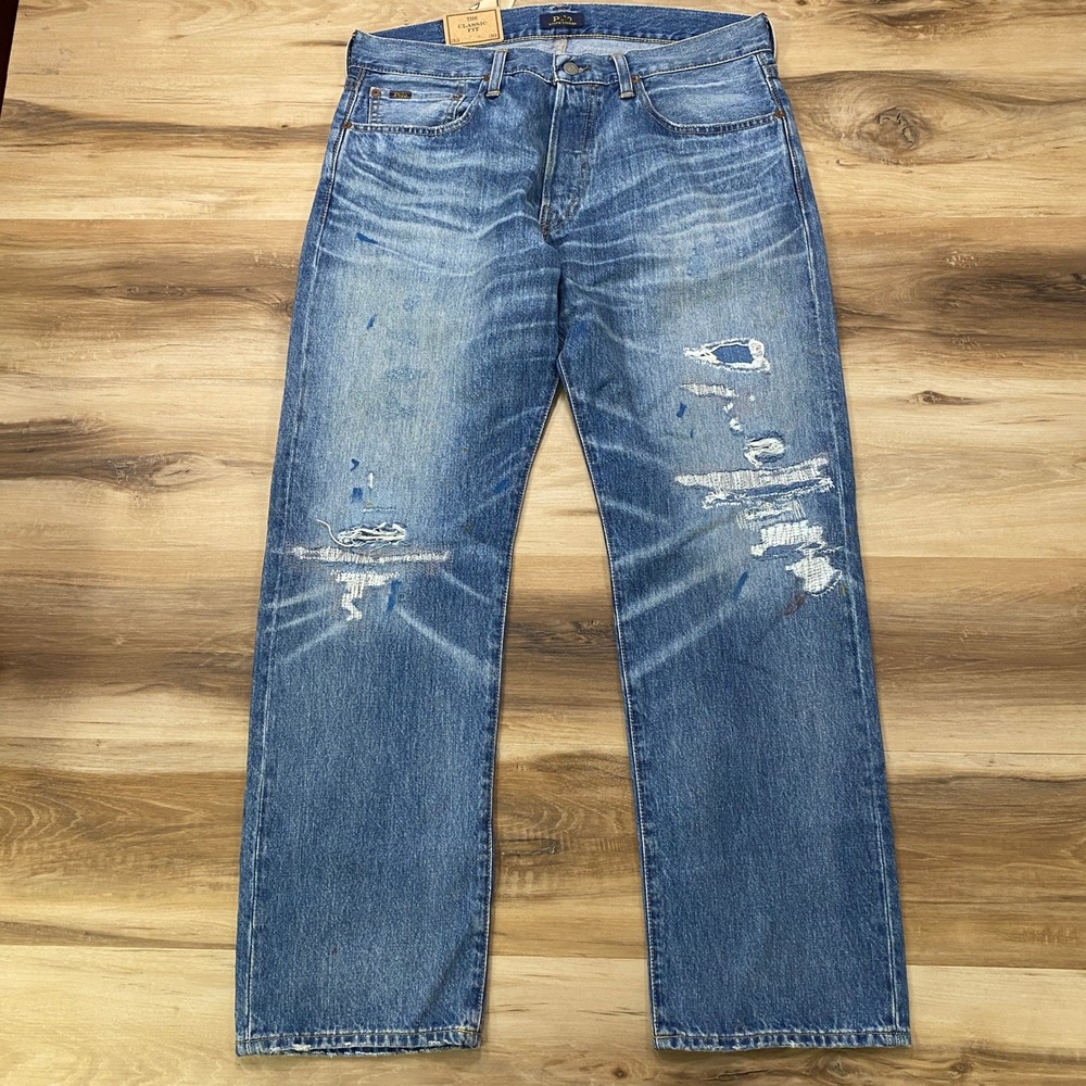 Polo Ralph Lauren Jeans 33x30 Classic Fit Distressed Cotton Denim Blue Straight